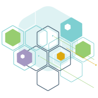 Abstract logo featuring a number of nested and overlapping hexagons of varying sizes and colours