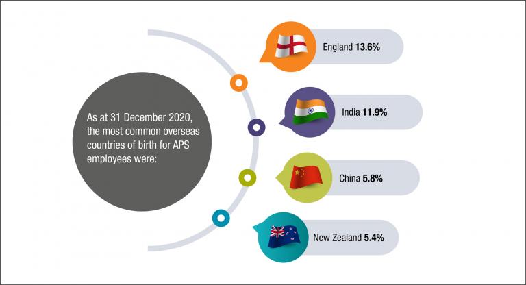 Figure 3.8 shows that the most common overseas countries of birth for APS employees at 31 December 2020.