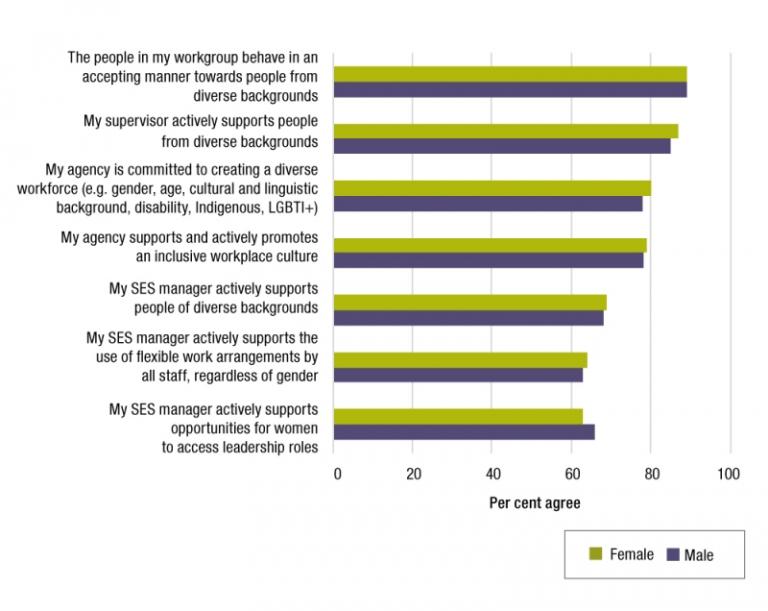 Figure 4.6 is a bar graph presenting 2019 APS employee census results that compare perceptions of inclusion by females and males.