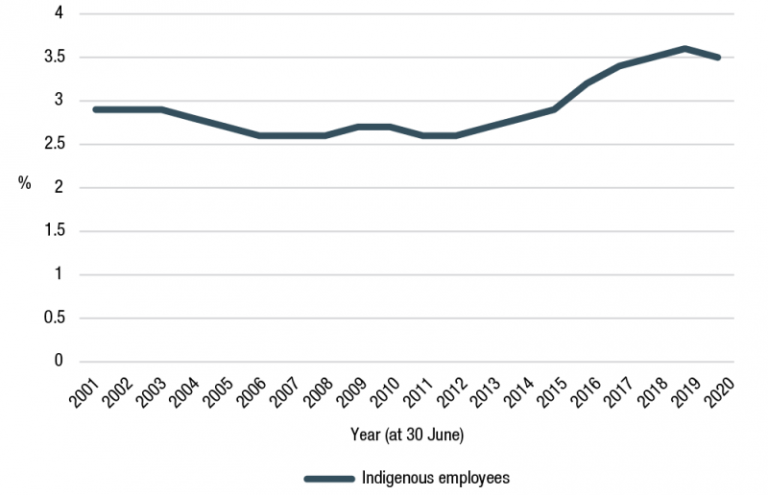 Figure 3.6 shows the proportion of Aboriginal and Torres Strait Islander employees from 2001 to 2020. It was 2.9% in 2001, dropped slightly between 2004 and 2013, then increased to its peak in 2019 of 3.6%, and is 3.5% in 2020.