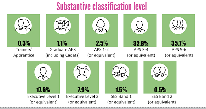 This image shoes the substantive classification level of APS staff. 0.3 percent of APS staff are trainees or apprentices. 1.1 percent of APS staff are Graduate APS (including cadets). 2.5 percent of APS staff are APS 1-2 (or equivalent).