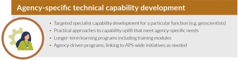 Agency-specific technical capability development provides targeted specialist capability development for a particular function (e.g. geoscientists). 