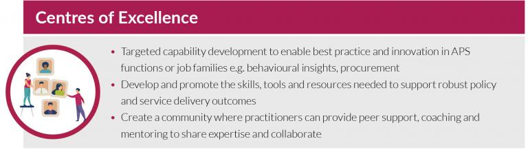 Centres of Excellence provide targeted capability development to enable best practice and innovation in APS functions or job families e.g. behavioural insights, procurement.