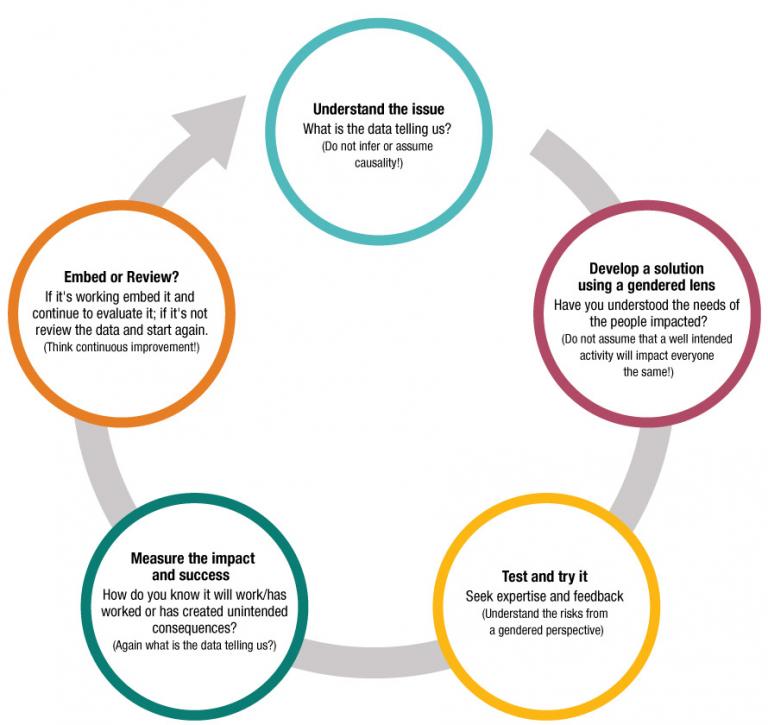 This image shows the organisational change cycle for gender equality.  1st circle - moving clockwise: Understand the issue - What is the data telling us? (Do not infer or assume causality!)  2nd circle: Develop a solution using a gendered lens - Have you understood the needs of the people impacted? (Do not assume that a well -intended activity will impact everyone the same!)  3rd circle: Test and try it Seek expertise and feedback (Understand the risks from a gendered perspective)  4th circle: Measure the i