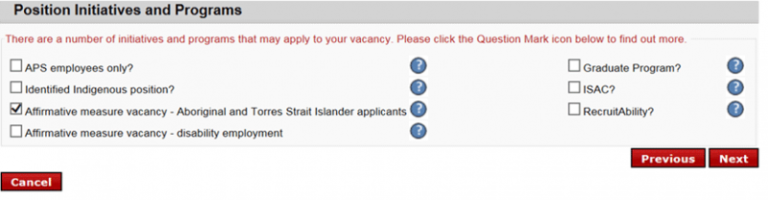 An image displaying the user interface for the APSJobs job posting site. It shows a selection of Position Initiatives and Programs including Affirmative measure for Aboriginal and Torres Strait Islander people