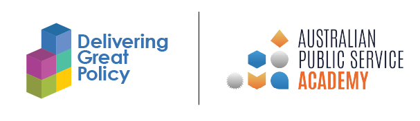 Two logos. The first logo consists of several stacked boxes, and is a logo for the ‘Delivering Great Policy’ offering. Next to it is several shapes as part of the logo for the ‘Australian Public Service Academy’.