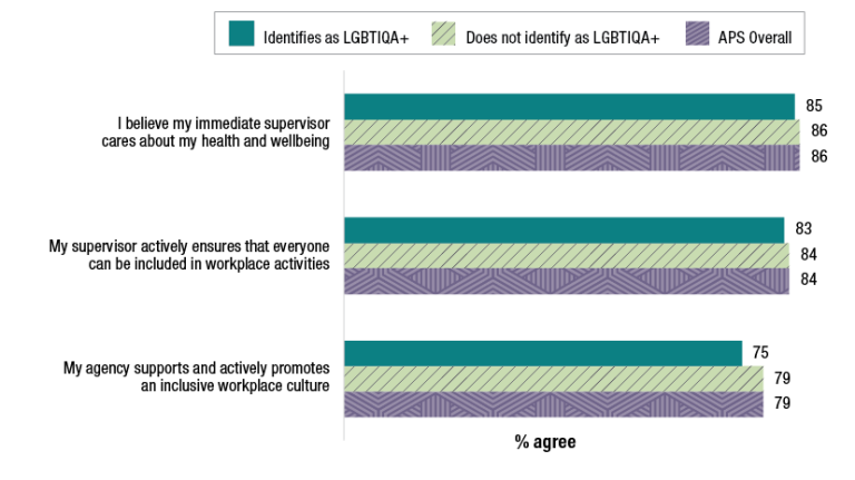 A chart showing answers to Census questions on wellbeing from LGBTIQA+ employees. 85% those who identified as LGBTIQA+ believe their immediate supervisor cares about their health and wellbeing, compared with 86% of the APS overall.