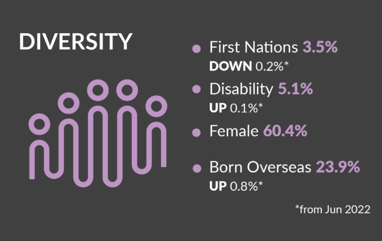 The next image provides details about Diversity and Pattern of Work.   First Nations employees make up 3.5% of the APS workforce, a decrease of 0.2% from June 2022. 	Employees with a disability make up 5.1% of the APS workforce, an increase of 0.1% from June 2022. Females make up 60.4% of the APS workforce, no change from June 2022. Employees born overseas make up 23.9% of the APS workforce, an increase of 0.8% from June 2022.