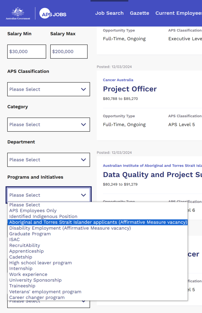 An image of the job search page from apsjobs.gov.au. A drop down menu shows that Aboriginal and Torres Strait Islander applicants (Affirmative Measure vacancy) is selected.