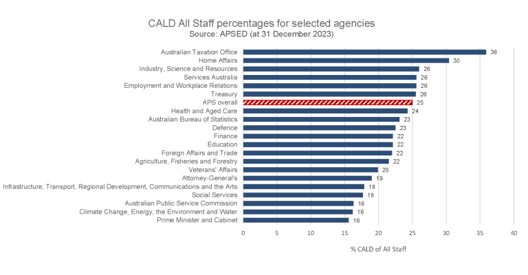 Figure 2 has a bar chart showing CALD All Staff percentages for selected agencies. Source: APSED (at 31 December 2023), the selected agencies range from 11% (Services Australia 11%) going up to 36%, agencies with the highest percentage were: ATO(36%), Home Affairs (30%), Industry(26%), Employment &WR(26%). The APS overall percetage is 25%.