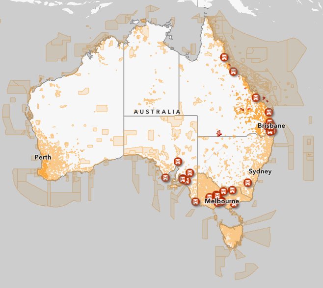 Map of Australia marked with areas where local drone rules apply for parks and corrections institutions. 