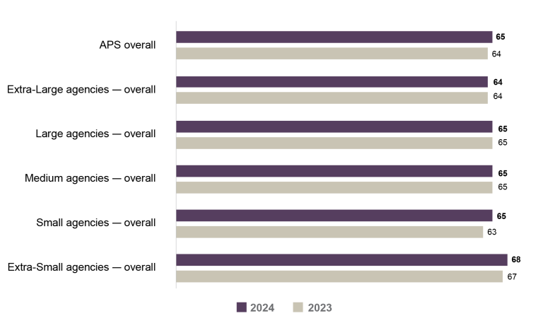 Bar graph comparing the APS Employee Census Enabling Innovation Index scores for 2023 vs 2024 by (overall) agency size.