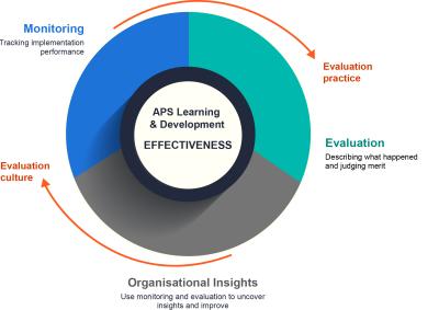 An ring shape divided into three colours, aqua, grey and blue, which demonstrate the cycle of Evaluation, Organisational Insight and Monitoring which drive Evaluation Practice and Evaluation Culture