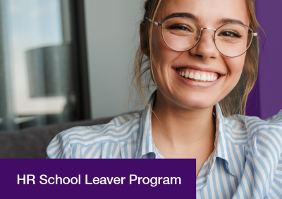 A photograph of a smiling school student who is female presenting. A purple banner is situated three quarters of the way down the image with white text saying HR School Leavers Program below it