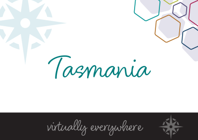 The word "Tasmania - virtually everywhere" on an abstract background, advertising the State of the Service Roadshow event for 2023