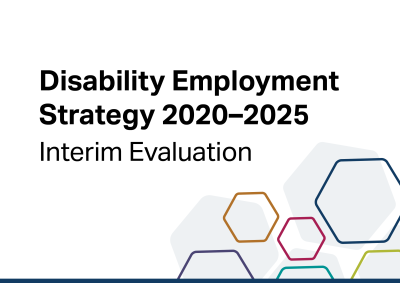 An image featuring abstract coloured hexagons and the title Disability Employment Strategy 2020-25 interim evaluation