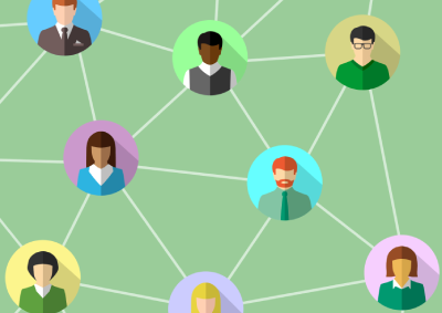 Image of a group of diverse people in colourful circles joined together by a network of lines. Image depicts a "network"