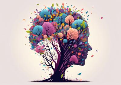 image of a face within a tree with flowers. The branches and flowers signify a persons mental health.