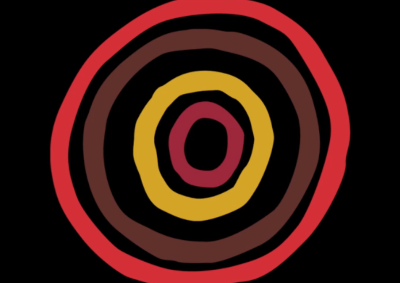 A series of concentric circles in red, gold and brown