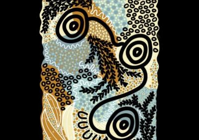 An indigenous artwork featuring blues and sandy colours, with lines and circles over the top in darker tones