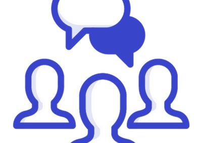 Icon of outline of three blue people under a speech bubble