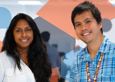 Smiling male and female standing next to each other from diverse backgrounds