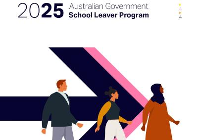 white background with cartoon people walking in a line from the left to right. The words 2025 Australian Government School Leaver Program are written above. 