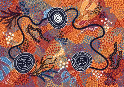 Reconciliation Action Plan artwork represents connections of Aboriginal and Torres Strait Islander peoples to country. It shows plants including desert flowers, seaweed and gum leaves with reds and blues. It has 3 places, connected by pathways. 2 hands working together represents the aim of a cultural understanding and learning from each other. People surrounding a large circle represents a culturally safe working environment for all. 3 people sitting together represents strong reconciliation principles. 