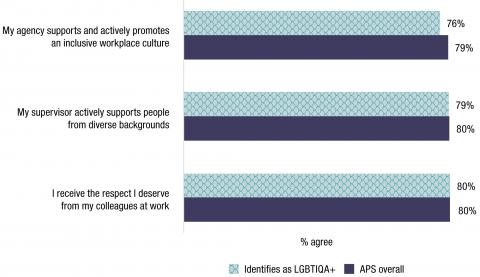 76% of LGBTIQA+ and 79% of APS overall employees agreed that their agency supports and actively promotes an inclusive workplace culture.  79% of LGBTIQA+ and 80% of the APS overall agreed that their supervisor actively supports people from diverse backgrounds.  80% of LGBTIQA+ and APS overall employees agreed that they receive the respect they deserve from their colleagues at work. 