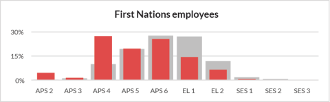 A column graph that show what classification level employees with disability were promoted to for the financial year 2020-2021. Contrasted against overall promotions for the same period. First Nation employees are less likely to be promoted to EL levels and more likely to be promoted to APS 4.