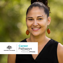 Photo of a smiling Indigenous person. There is a banner across the photo that says Career Pathways powered by APSJobs