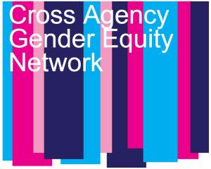 A striped blue, pink and purple background with text that says Cross Agency Gender Equity Network