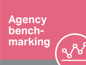 The words Agency Benchmarking on a pink background. In the lower right corner there is a symbol of a graph