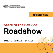 A white background with State of the Service Roadshow register now written across it. March 17 March 20 and March 21 are the dates shown