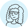 A line art illustration of a woman with curly hair and glasses from the shoulders up. There is a blue circle background behind her 